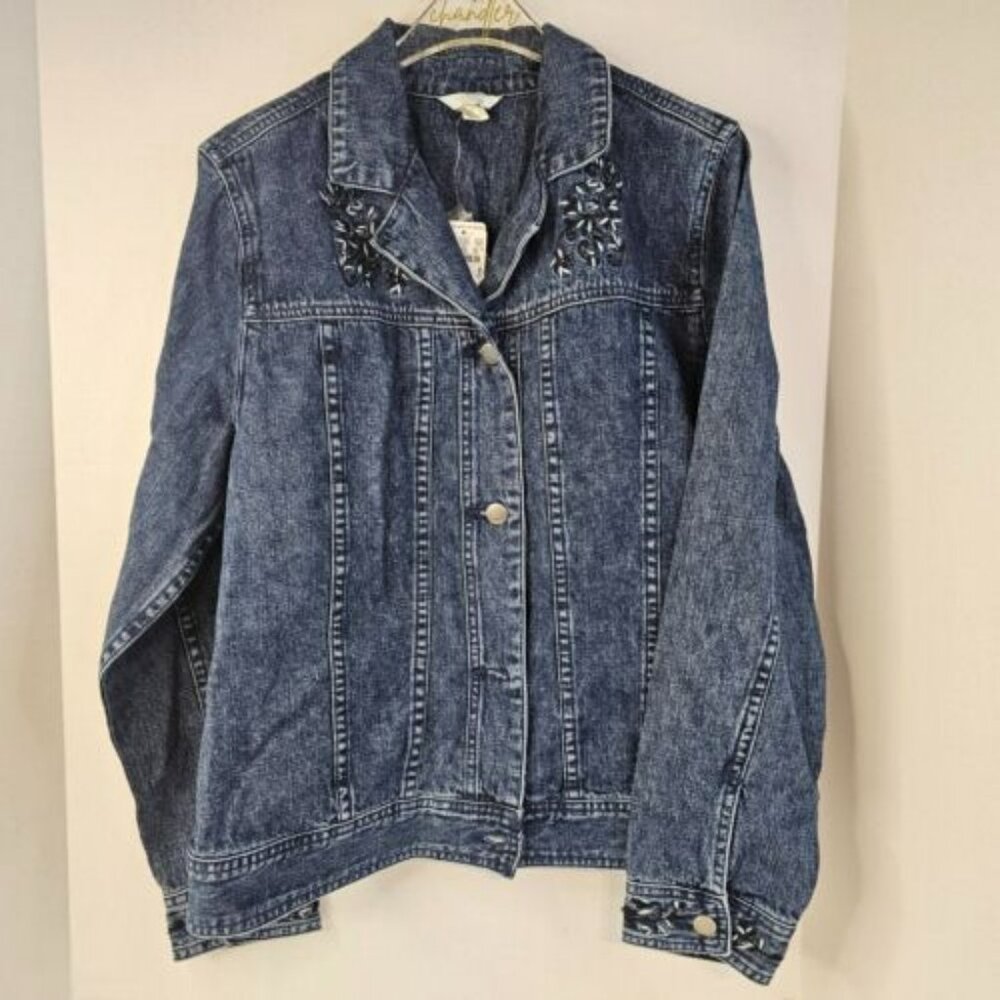 Christopher & Banks Blue Denim Jean Jacket Embroidery Flowers Women Size M